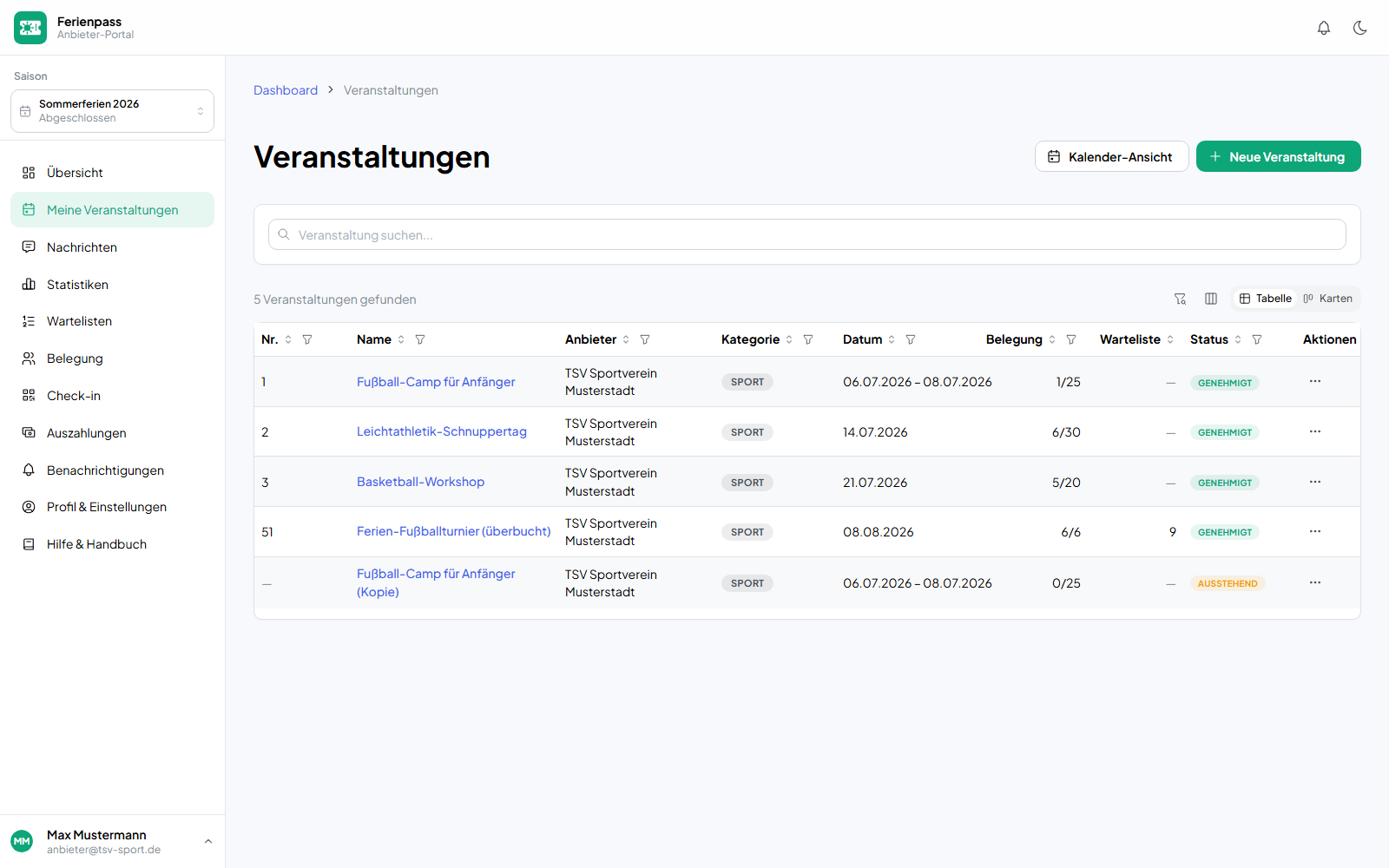 Anbieter-Portal, Veranstaltungen: Tabelle der eigenen Angebote eines Sportvereins mit Nummer, Name, Kategorie, Datum, Belegung der Plätze, Warteliste und Genehmigungsstatus.